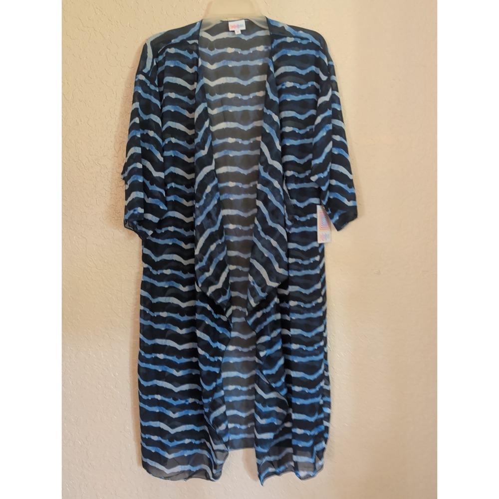 LuLaRoe Shirley Navy Light Blue Wave Stripe Sheer Long Cardigan Kimono Medium